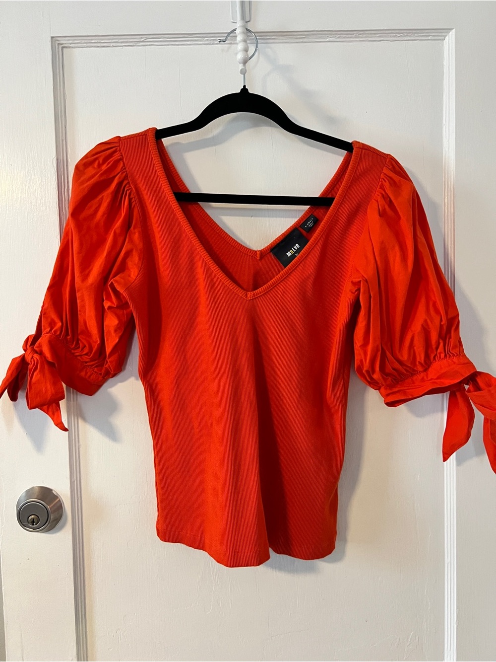Anthropologie Maeve Puff Sleeve V-Neck Ribbed Top Coral Red Orange XS 🧡